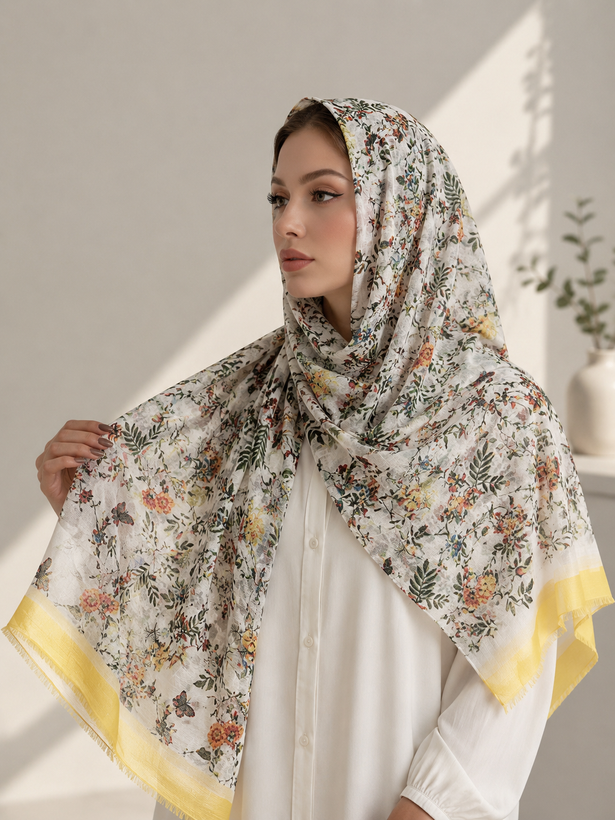 شال نخی گلدار حاشیه زرد سبک و خنک