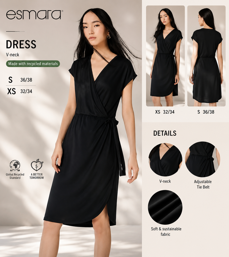 پیراهن زنانه اسمارا یقه هفت مشکی مدل کمردار سایز XS و S