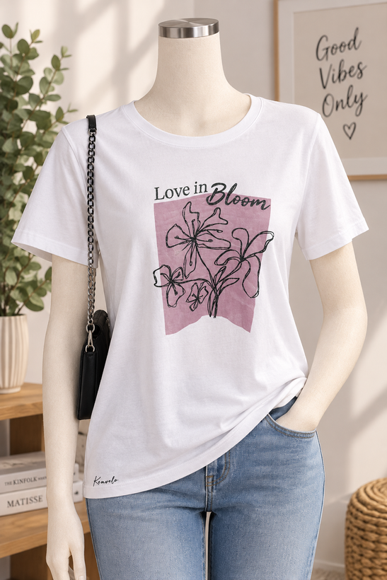 تیشرت زنانه Kenvelo طرح گل و نوشته Love in Bloom سایز XL